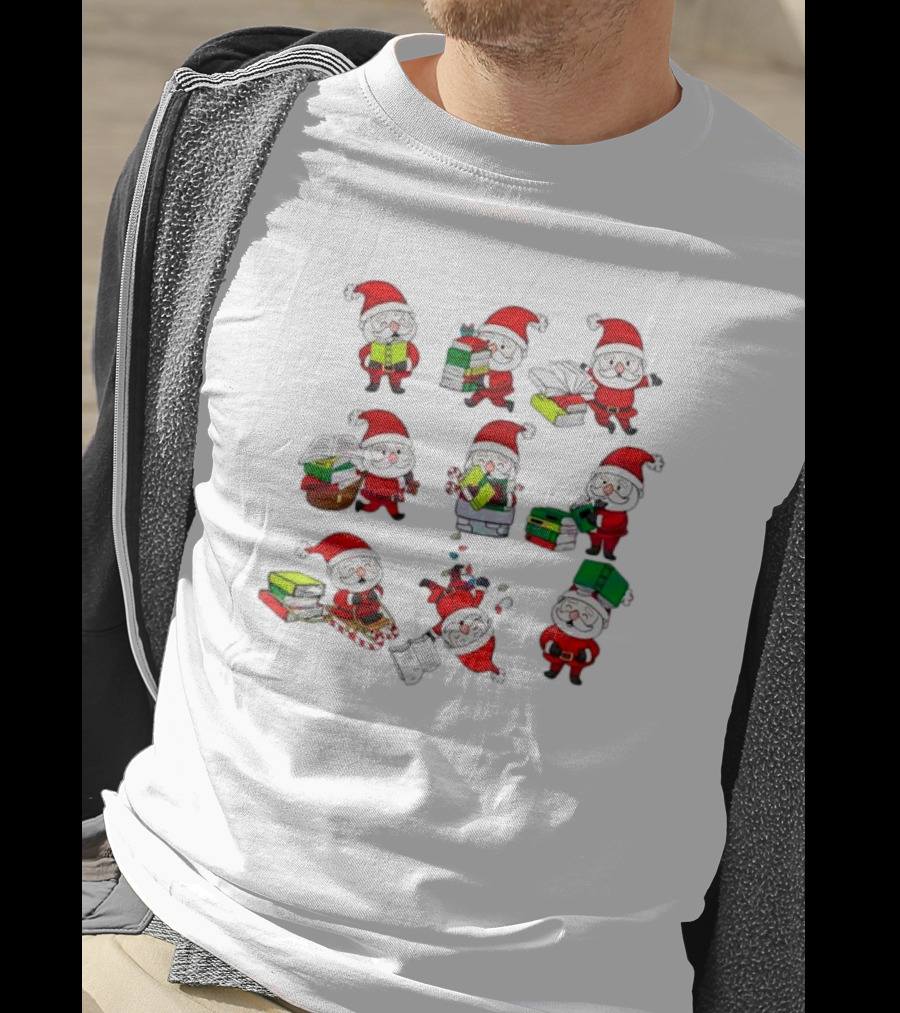 Funny Santa Claus Reading Books And Carrying Stacks In Various Poses T-Shirt