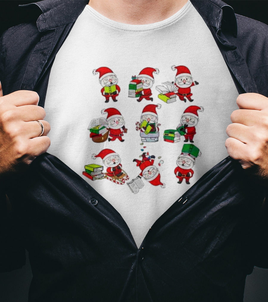 Funny Santa Claus Reading Books And Carrying Stacks In Various Poses T-Shirt