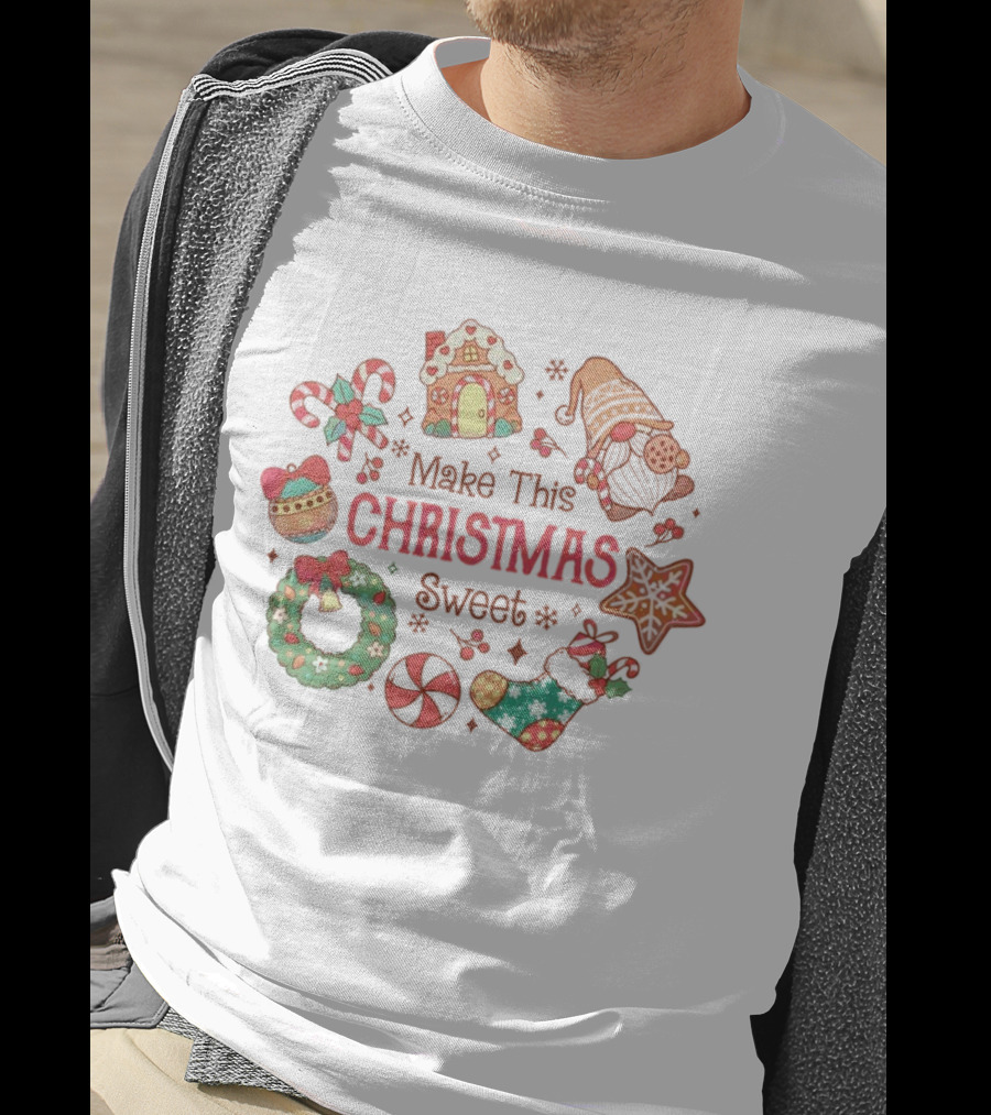Make This Christmas Sweet Gingerbread House Candy Cane Stocking Wreath T-Shirt