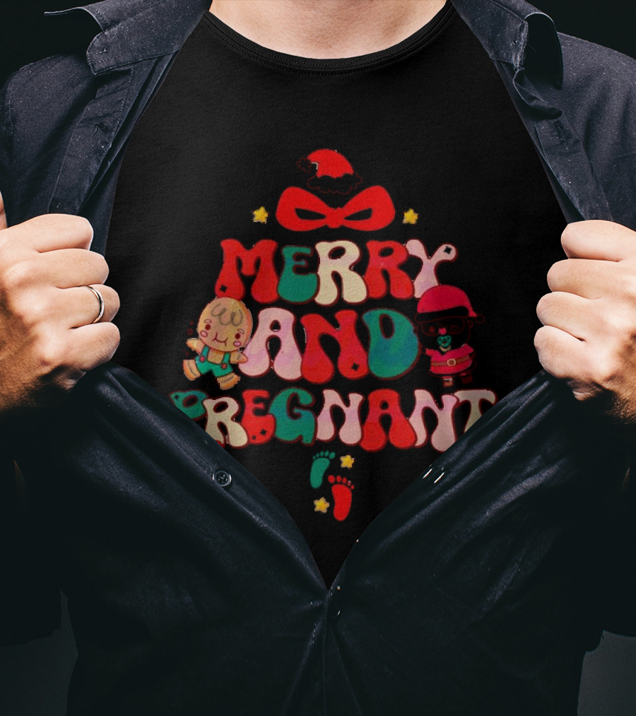 Merry And Pregnant Christmas Tree Baby Reveal With Santa Hat And Gingerbread People T-Shirt