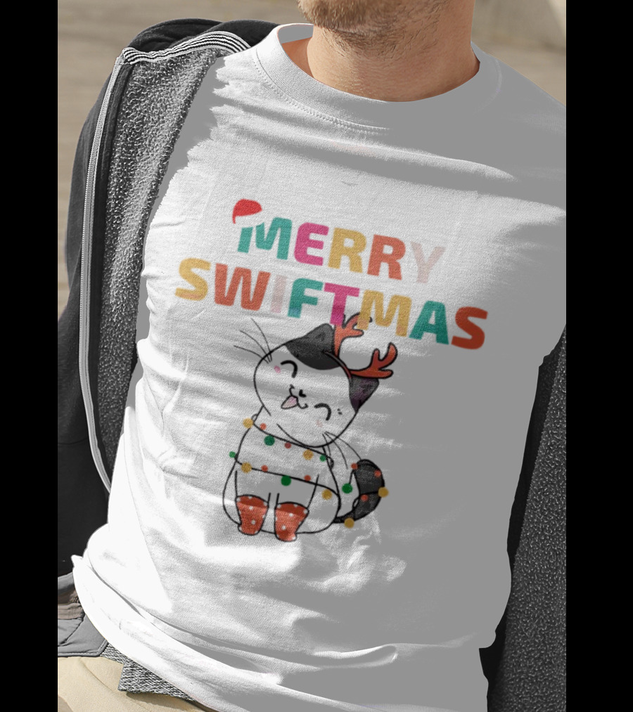 Merry Swiftmas Christmas Cat With Reindeer Antlers And Festive Lights T-Shirt