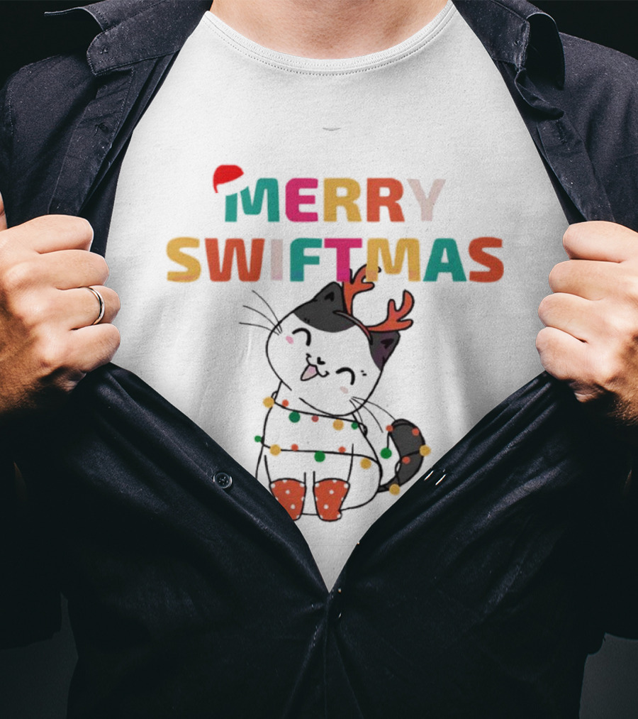 Merry Swiftmas Christmas Cat With Reindeer Antlers And Festive Lights T-Shirt