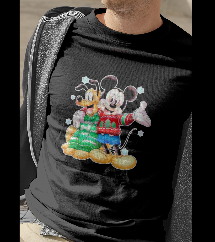Mickey And Pluto Christmas Sweater Holiday Scene T-Shirt