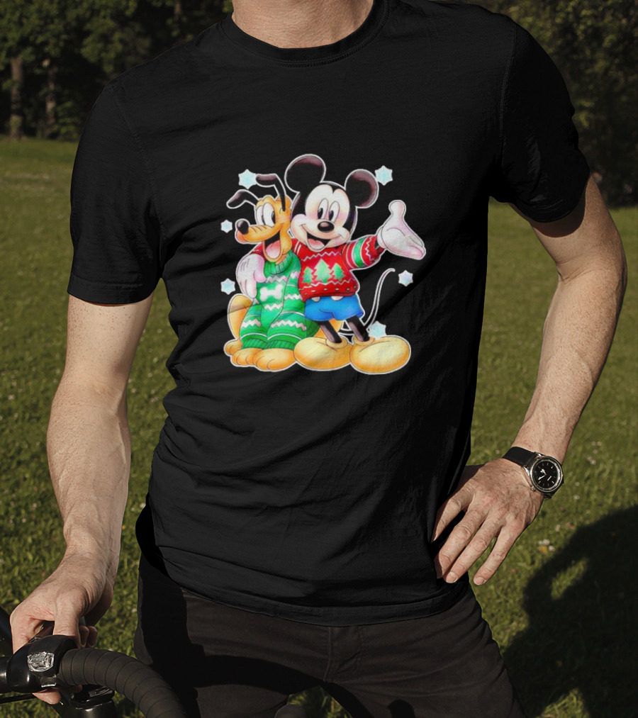 Mickey And Pluto Christmas Sweater Holiday Scene T-Shirt