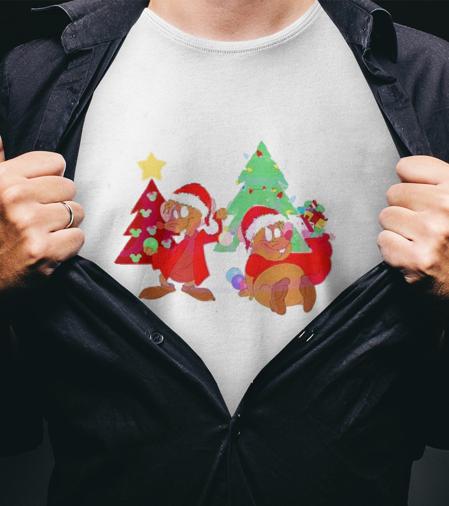 Santa Jaq And Gus With Christmas Lights And Presents By Christmas Tree T-Shirt