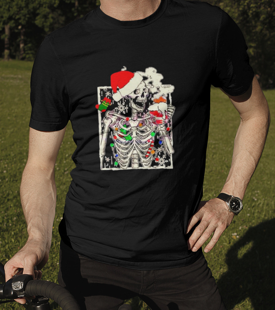 Skeleton Santa Hat Snowflake Christmas Coffee Candy Cane Holiday Scene T-Shirt
