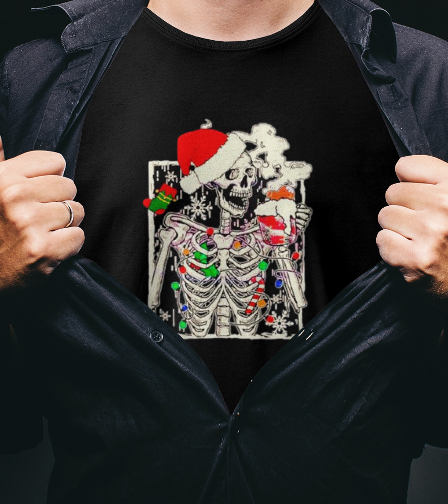 Skeleton Santa Hat Snowflake Christmas Coffee Candy Cane Holiday Scene T-Shirt