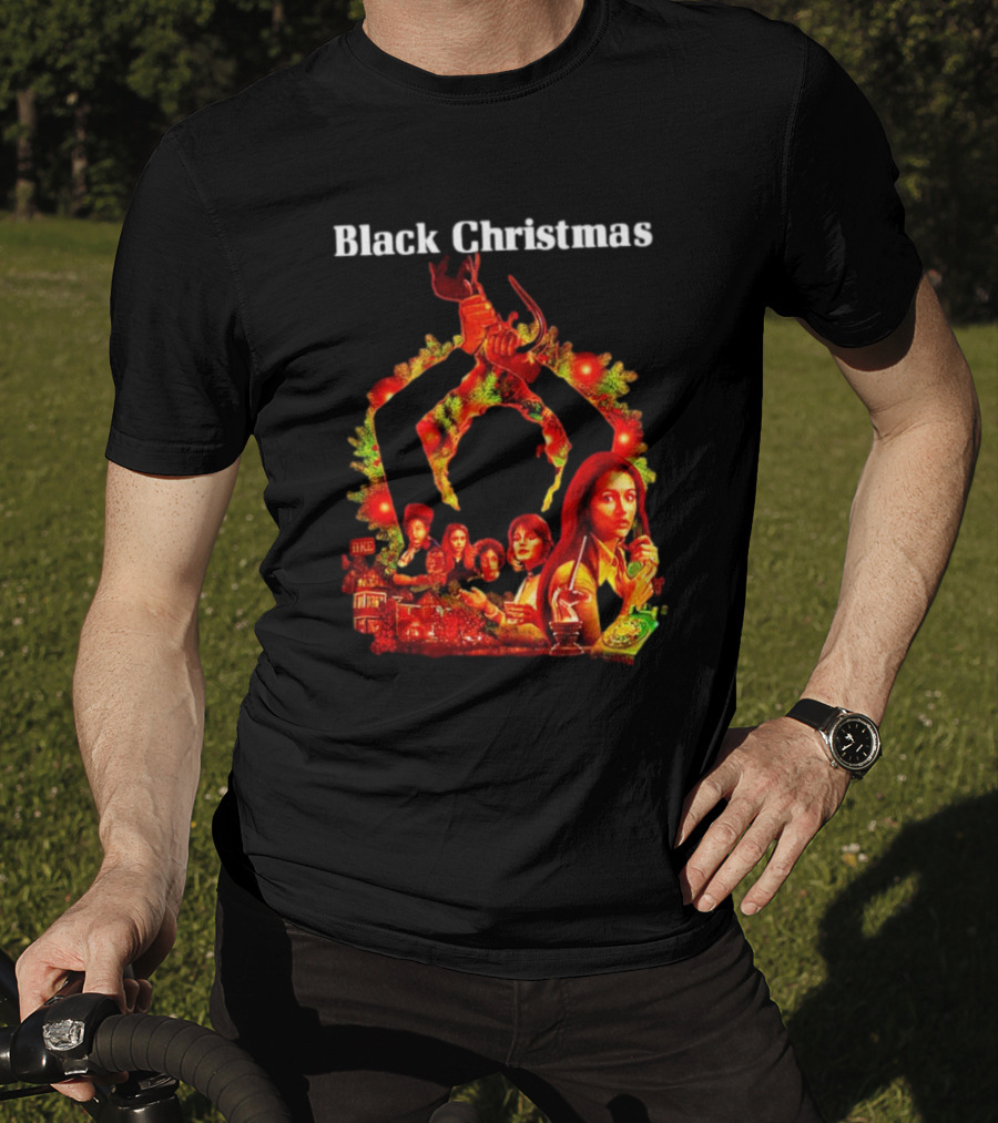 Black Christmas Silent Night Horror Movie Characters Axe Wreath Scene T-Shirt