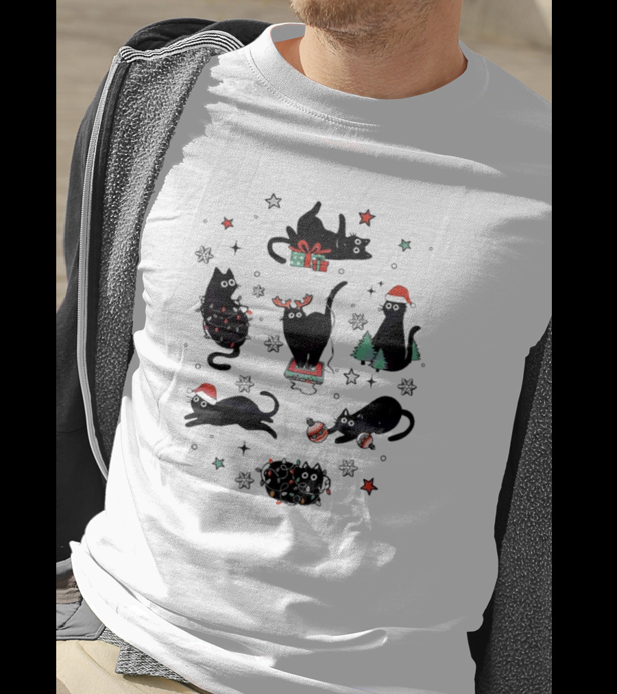 Christmas Black Cat Santa Hat Presents Lights Trees T-Shirt