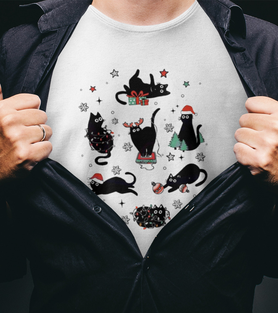 Christmas Black Cat Santa Hat Presents Lights Trees T-Shirt