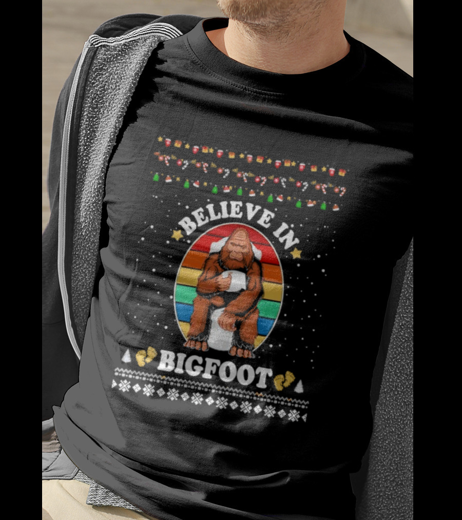 Believe In Bigfoot With Toilet Humor And Christmas Icons T-Shirt