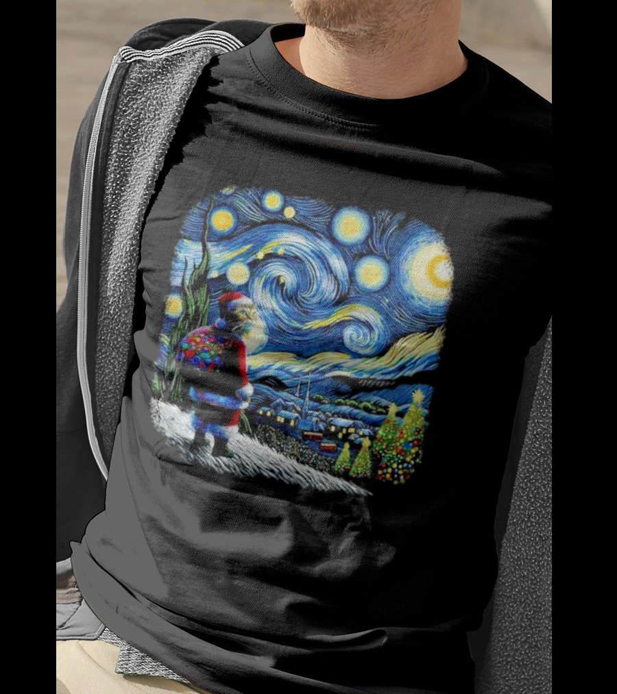 Cat Santa Paws Van Gogh Starry Night Christmas Holiday Scene T-Shirt