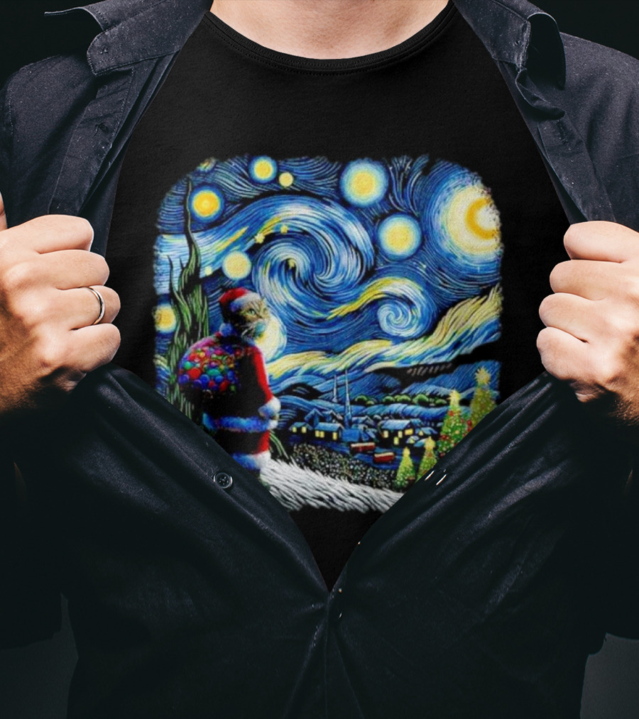 Cat Santa Paws Van Gogh Starry Night Christmas Holiday Scene T-Shirt