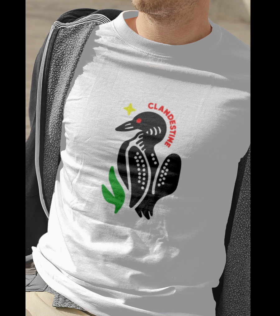 Clandestine Loon Bird With Star And Green Leaf Elements T-Shirt