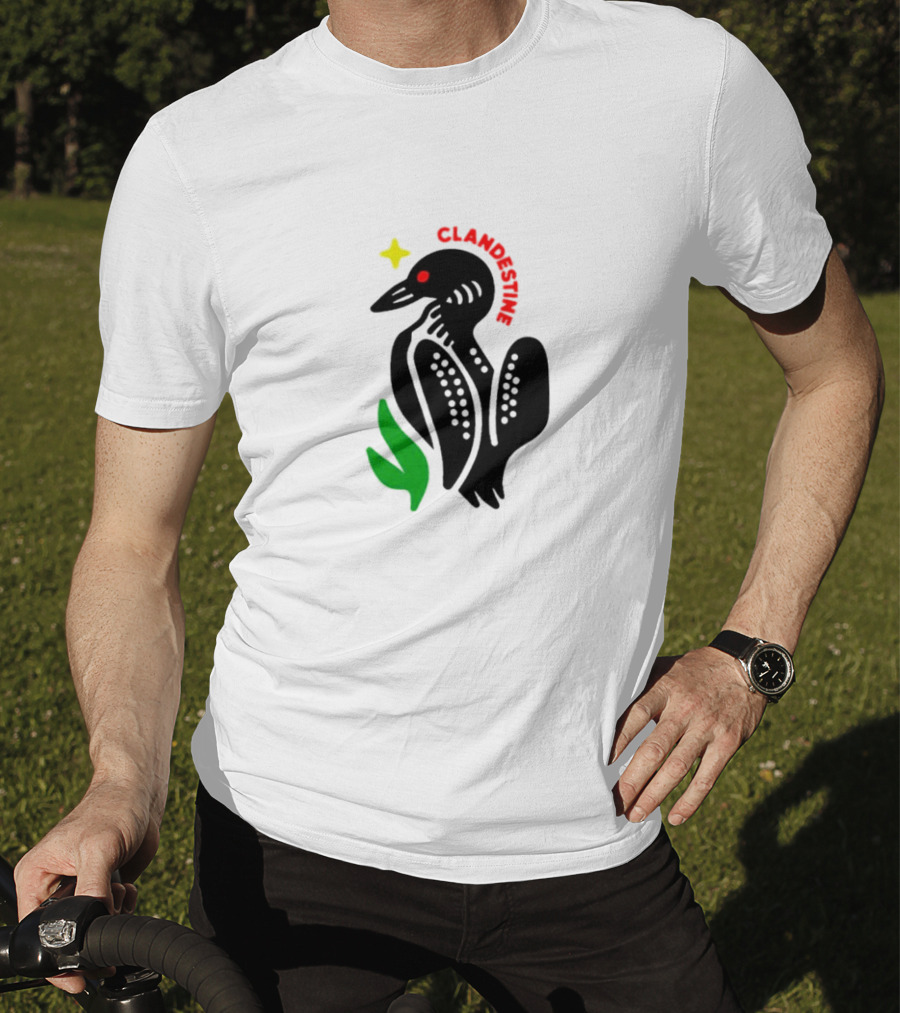 Clandestine Loon Bird With Star And Green Leaf Elements T-Shirt