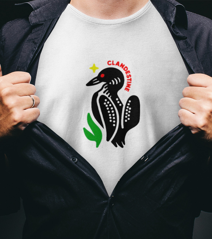 Clandestine Loon Bird With Star And Green Leaf Elements T-Shirt