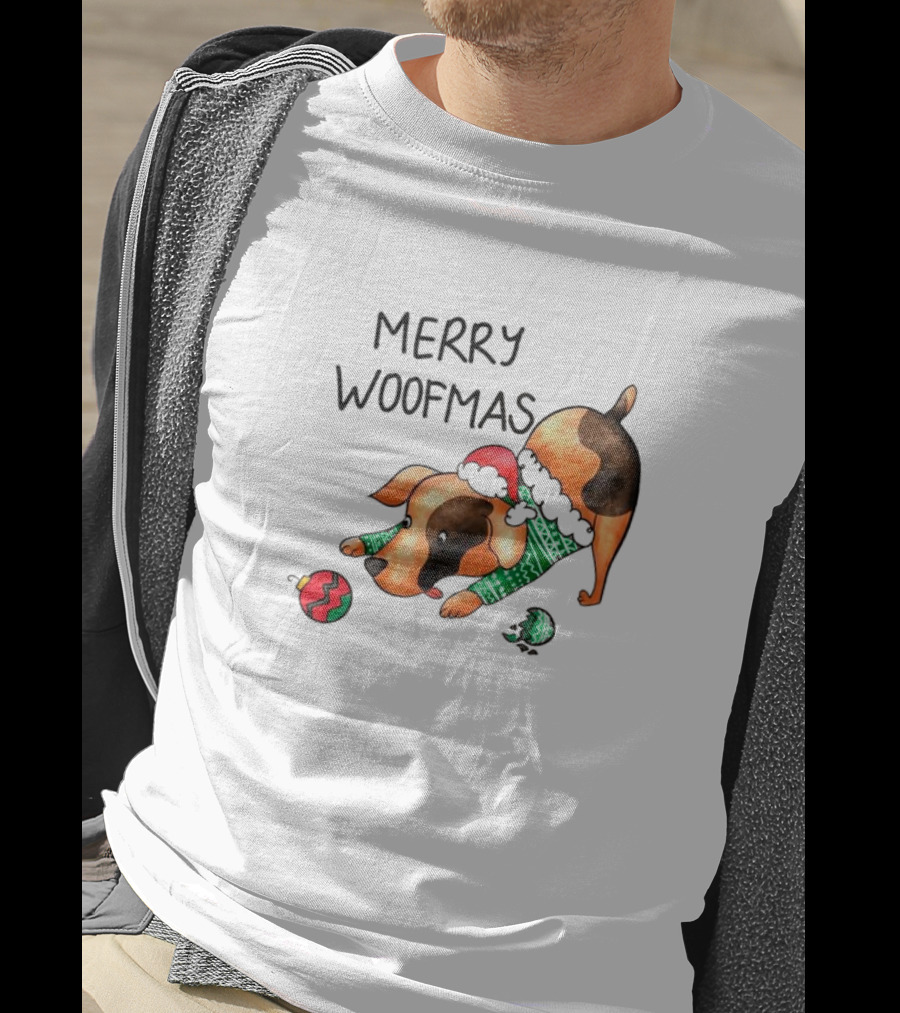 Merry Woofmas Dog In Santa Hat And Sweater With Christmas T-Shirt
