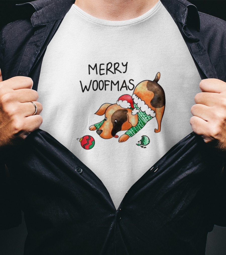 Merry Woofmas Dog In Santa Hat And Sweater With Christmas T-Shirt