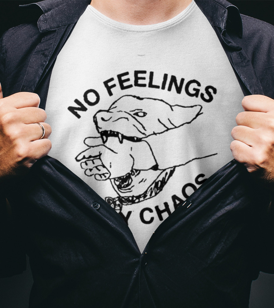 No Feelings Only Chaos Hand-Biting Shark Drawing T-Shirt