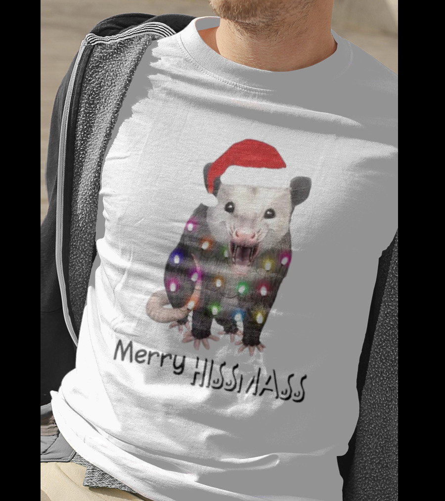 Merry Hissmas Opossum Santa Hat Christmas Lights T-Shirt