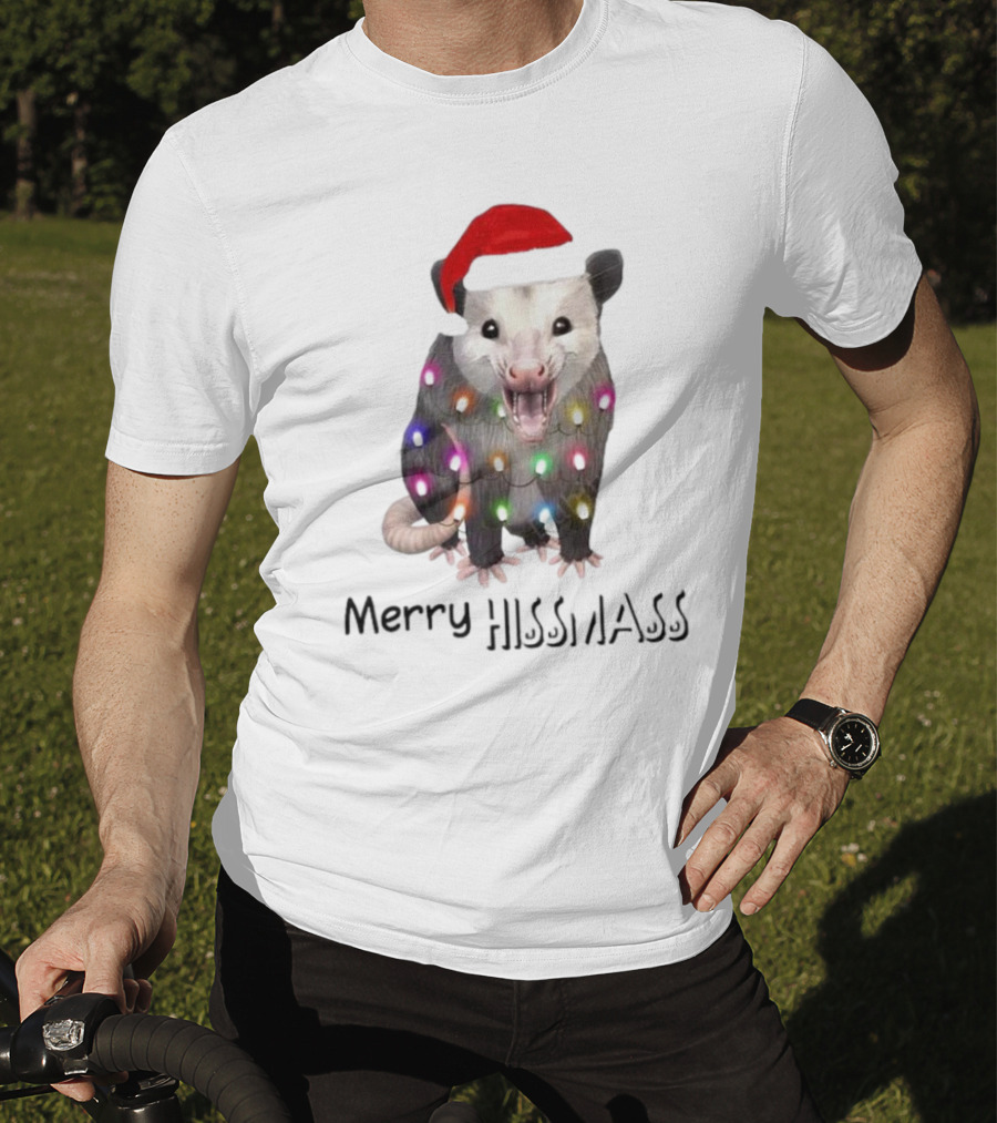 Merry Hissmas Opossum Santa Hat Christmas Lights T-Shirt