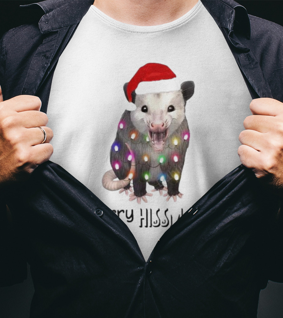 Merry Hissmas Opossum Santa Hat Christmas Lights T-Shirt