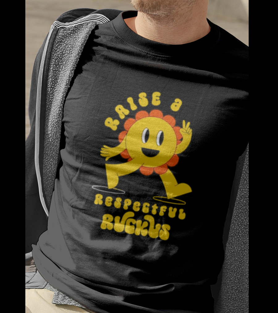 Raise A Respectful Ruckus Character Walking With Peace Sign Yellow And Orange T-Shirt