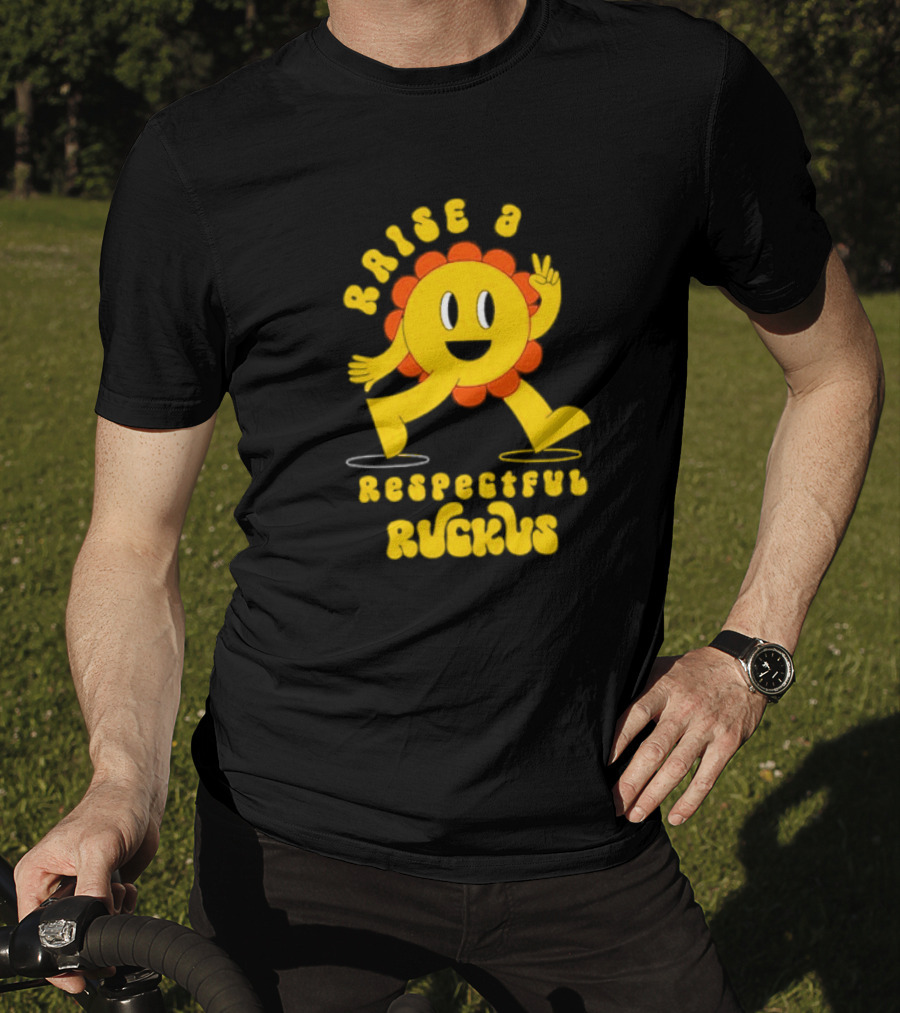 Raise A Respectful Ruckus Character Walking With Peace Sign Yellow And Orange T-Shirt