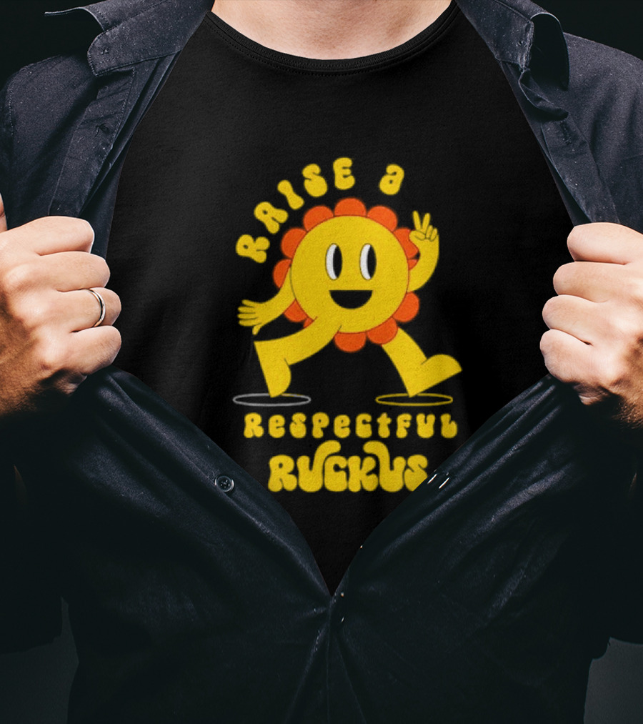Raise A Respectful Ruckus Character Walking With Peace Sign Yellow And Orange T-Shirt