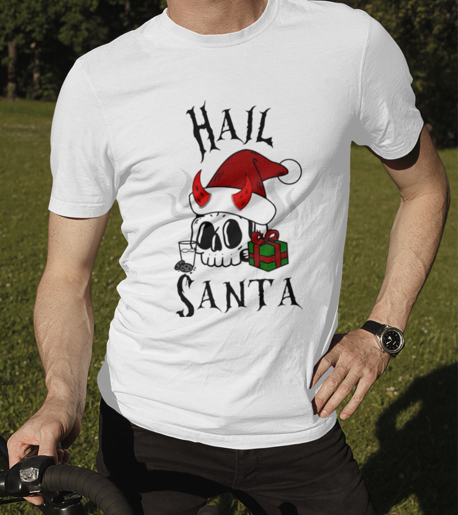 Hail Santa Skull With Devilish Santa Hat And Christmas Present T-Shirt
