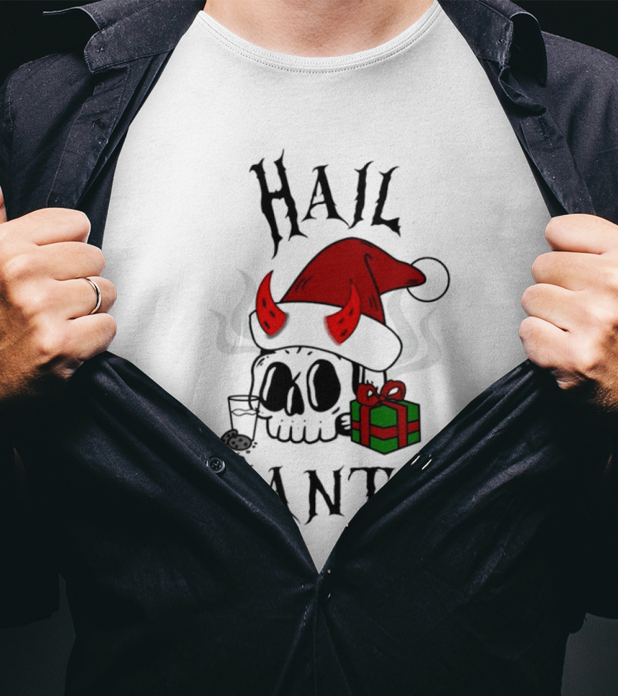 Hail Santa Skull With Devilish Santa Hat And Christmas Present T-Shirt
