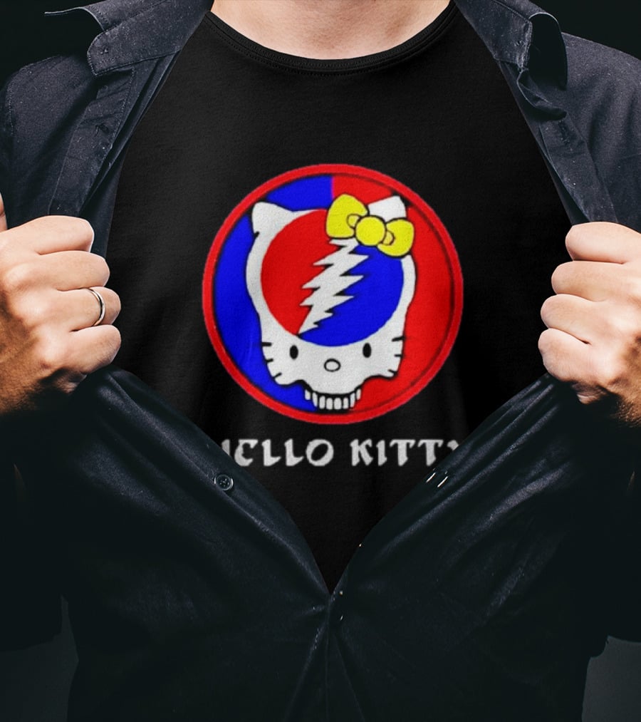 Hello Kitty Grateful Dead Skull Icon With Lightning Bolt And Yellow Bow T-Shirt