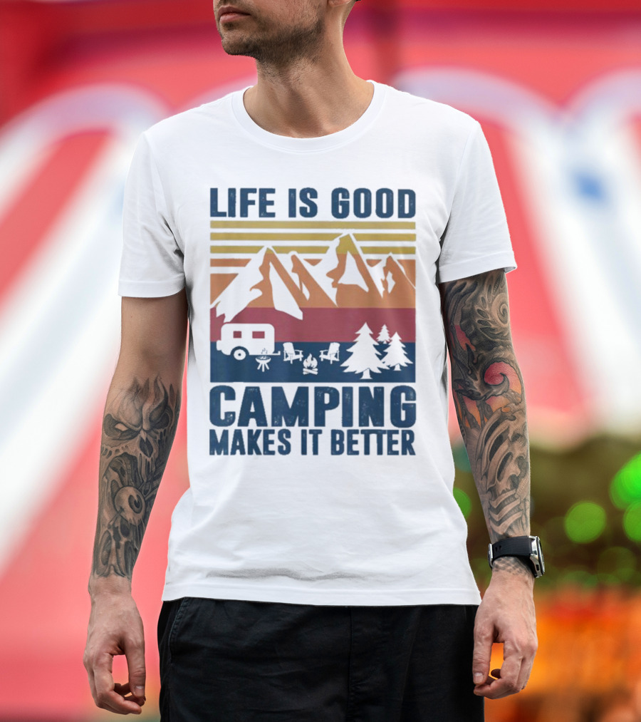 Life is Good Camping Makes It Better Vintage Mountains Camper Landscape T-Shirt
