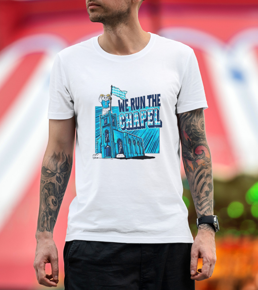 North Carolina Tar Heels We Run the Chapel Ram Mascot on Tower with Flag T-Shirt