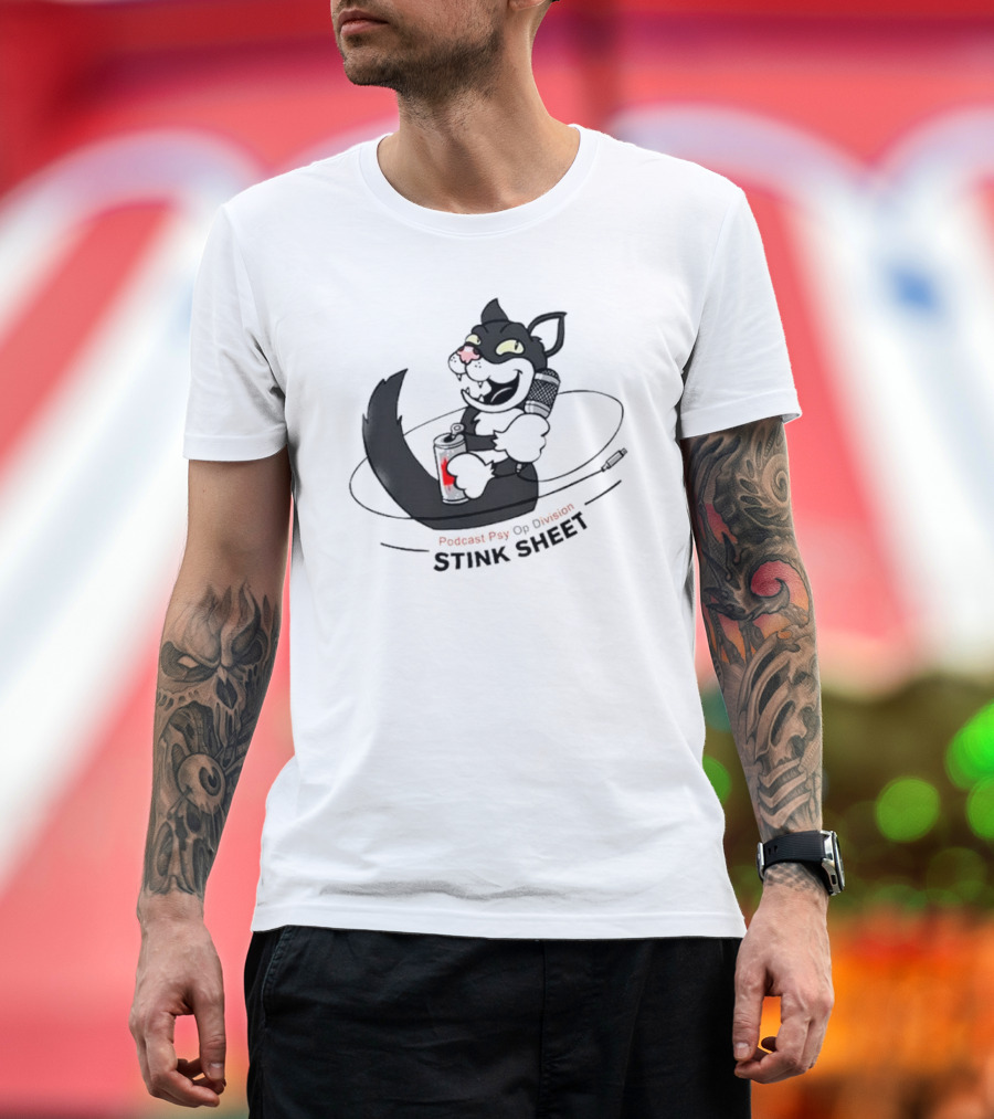 Podcast Psy Op Division Stink Sheet Mischievous Cartoon Cat with Microphone and Spray Can T-Shirt