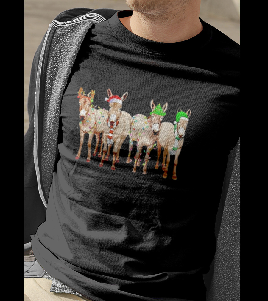 Merry Christmas Donkey Festive Holiday Lights With Reindeer Antlers And Santa Hats T-Shirt