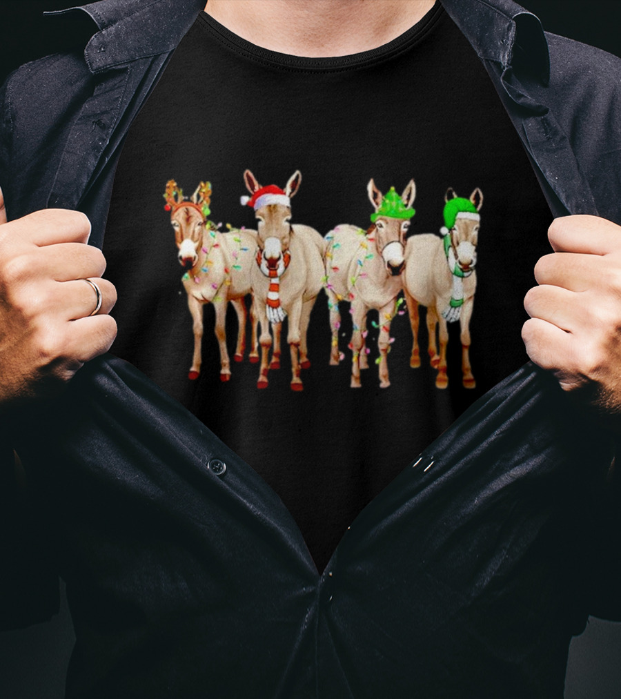 Merry Christmas Donkey Festive Holiday Lights With Reindeer Antlers And Santa Hats T-Shirt