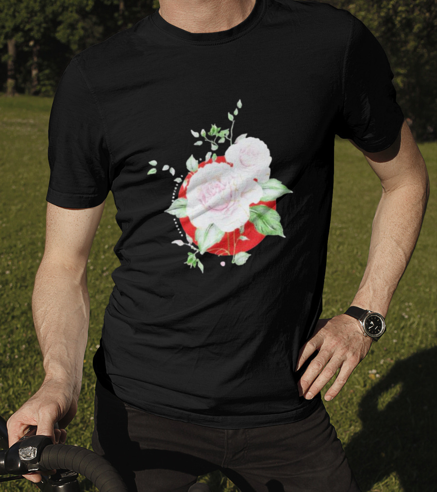 5Yr Kintsugi Rose Floral Design On Red Circle Background T-Shirt