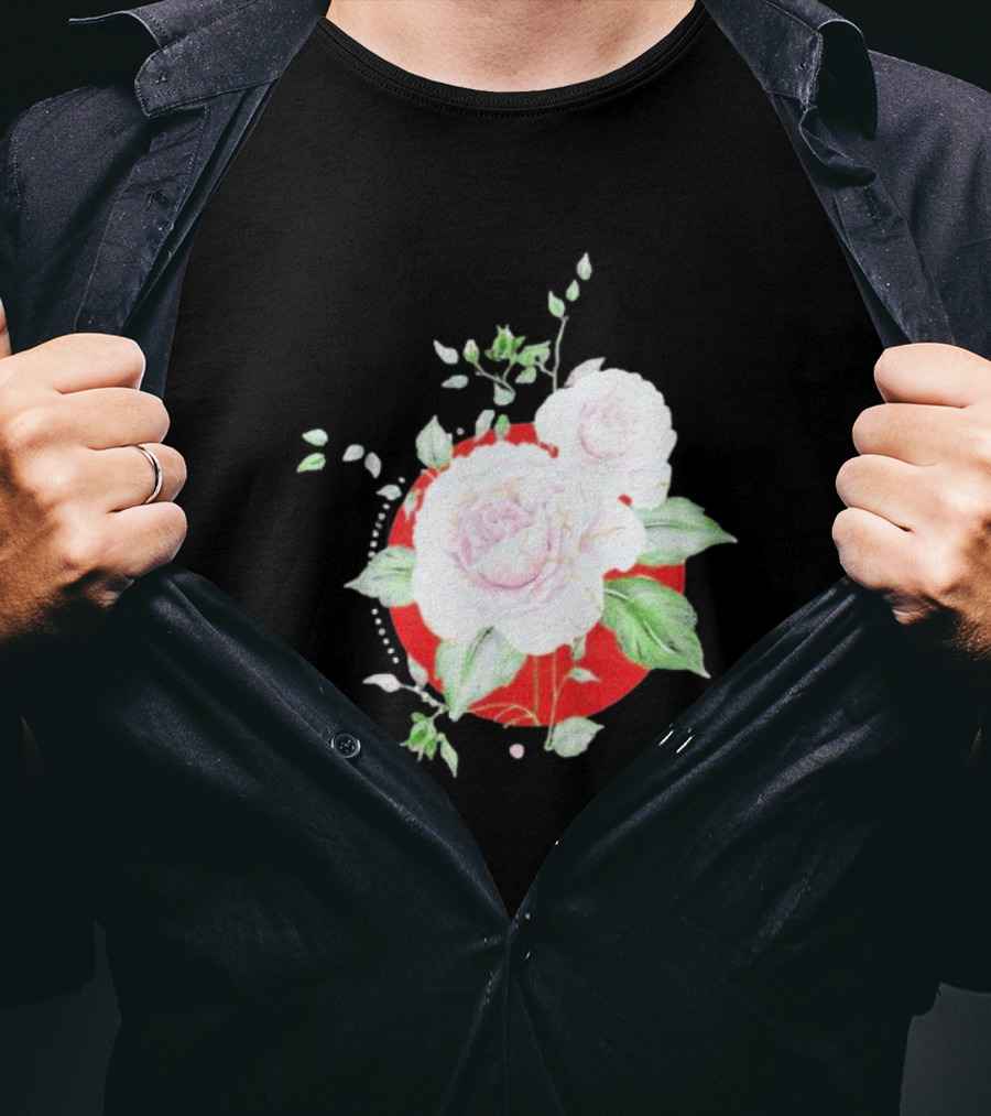 5Yr Kintsugi Rose Floral Design On Red Circle Background T-Shirt