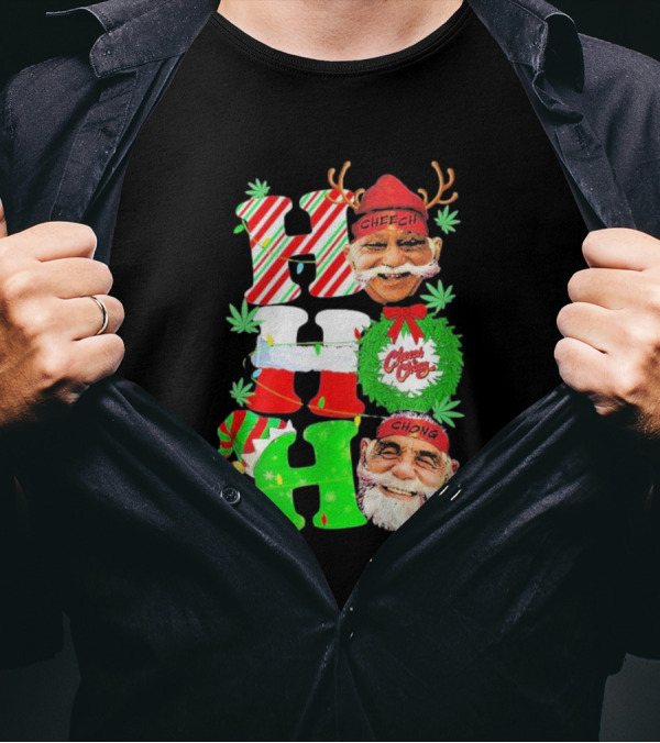 Cheech And Chong Xmas 2024 Hohoho Holiday Cannabis Santa Reindeer Christmas Wreath Elf T-Shirt