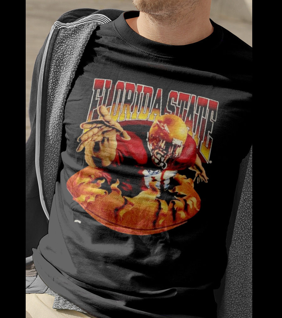 Florida State Seminoles FSU Football Player Emerging From Flames Two Sided Nutmeg T-Shirt