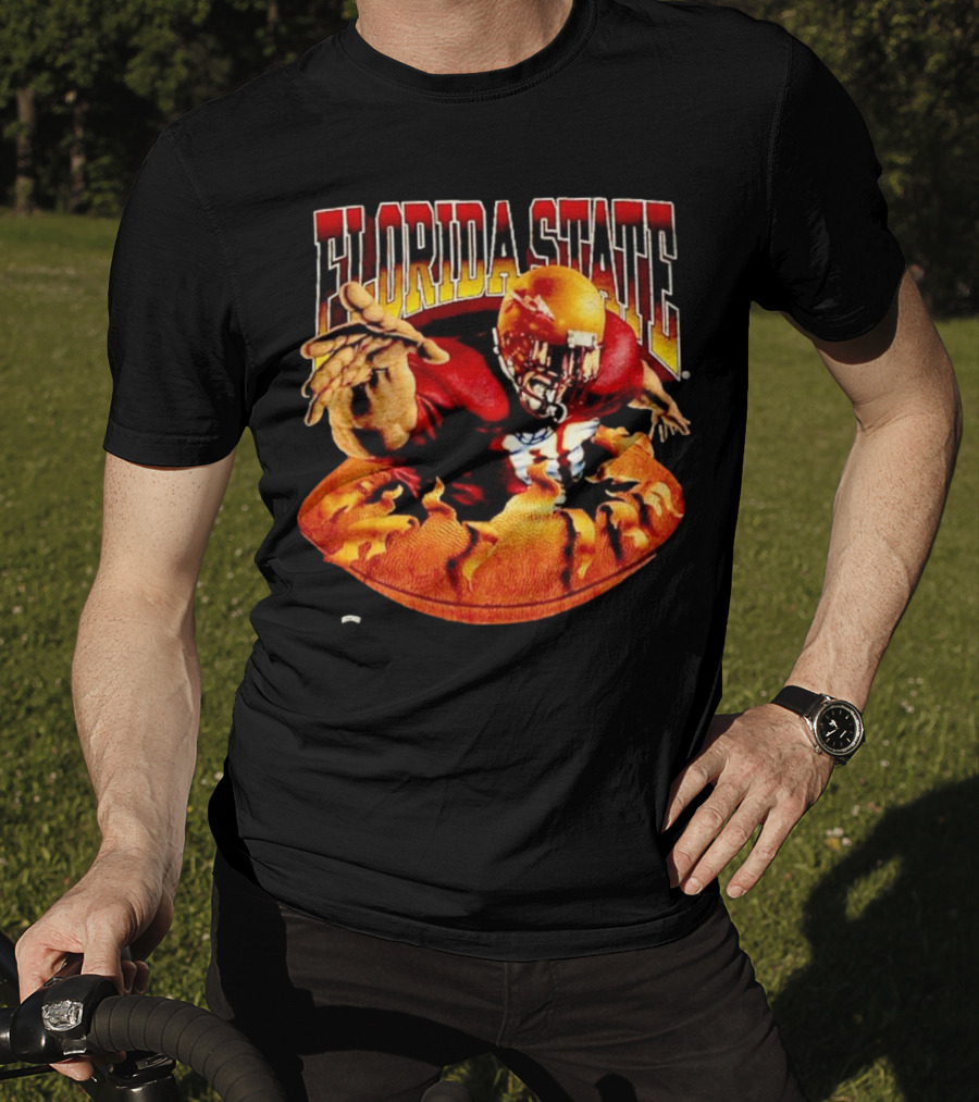 Florida State Seminoles FSU Football Player Emerging From Flames Two Sided Nutmeg T-Shirt