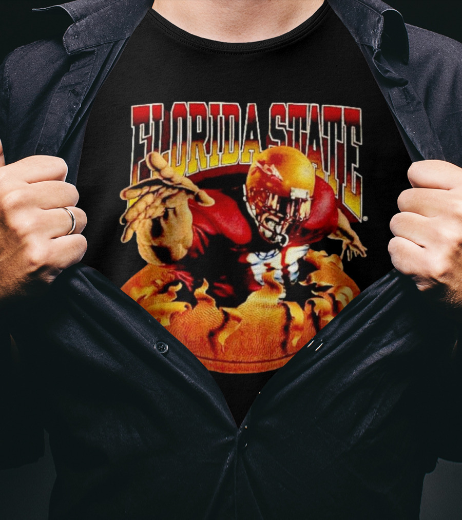 Florida State Seminoles FSU Football Player Emerging From Flames Two Sided Nutmeg T-Shirt