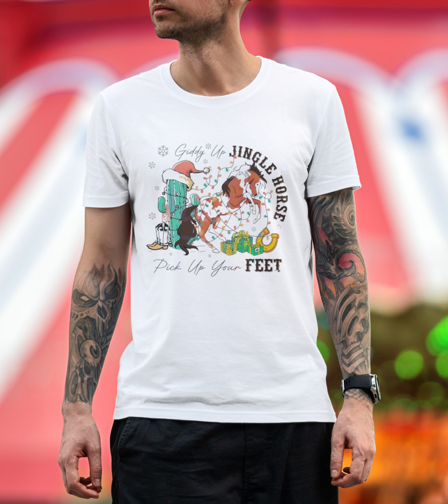 Giddy Up Jingle Horse Pick Up Your Feet Cactus with Santa Hat and Gifts T-Shirt