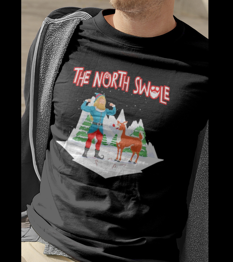 Papa Swolio Elf With Reindeer In The North Swole Winter Scene T-Shirt