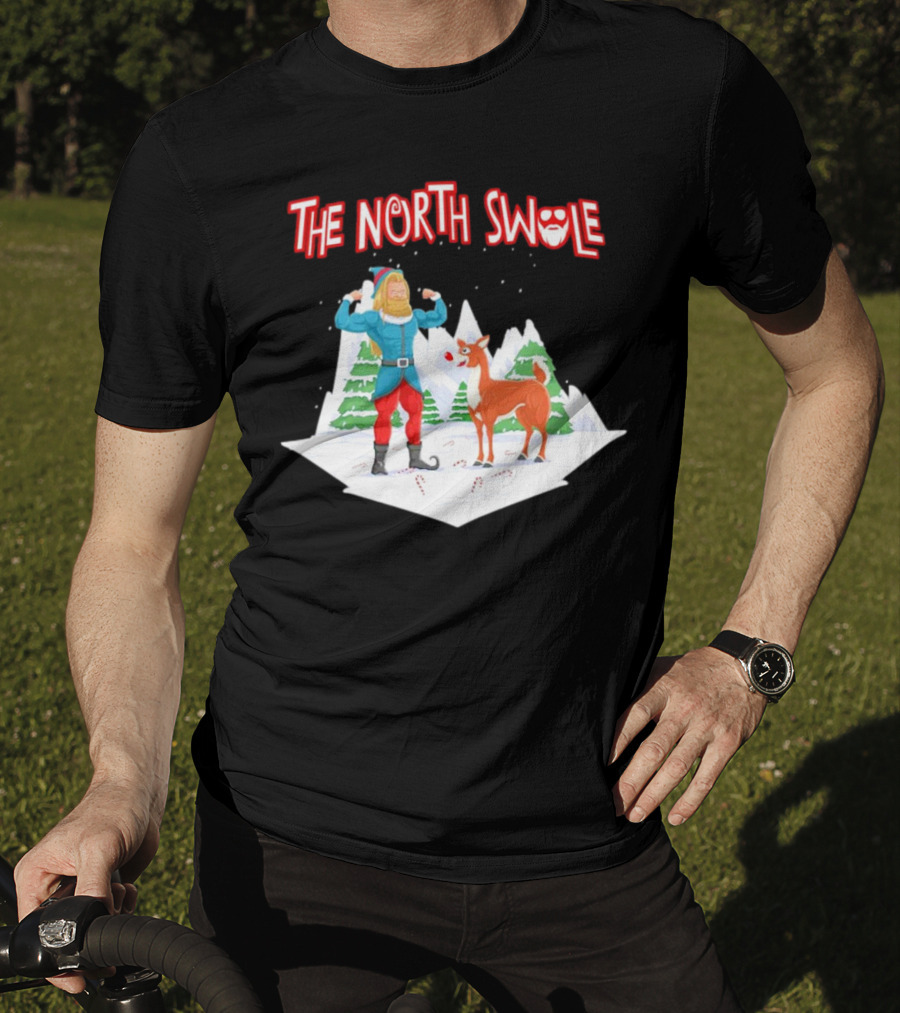 Papa Swolio Elf With Reindeer In The North Swole Winter Scene T-Shirt