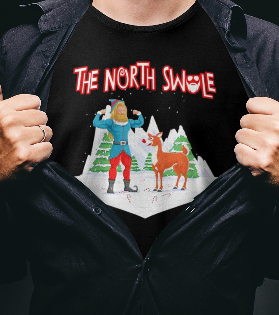 Papa Swolio Elf With Reindeer In The North Swole Winter Scene T-Shirt