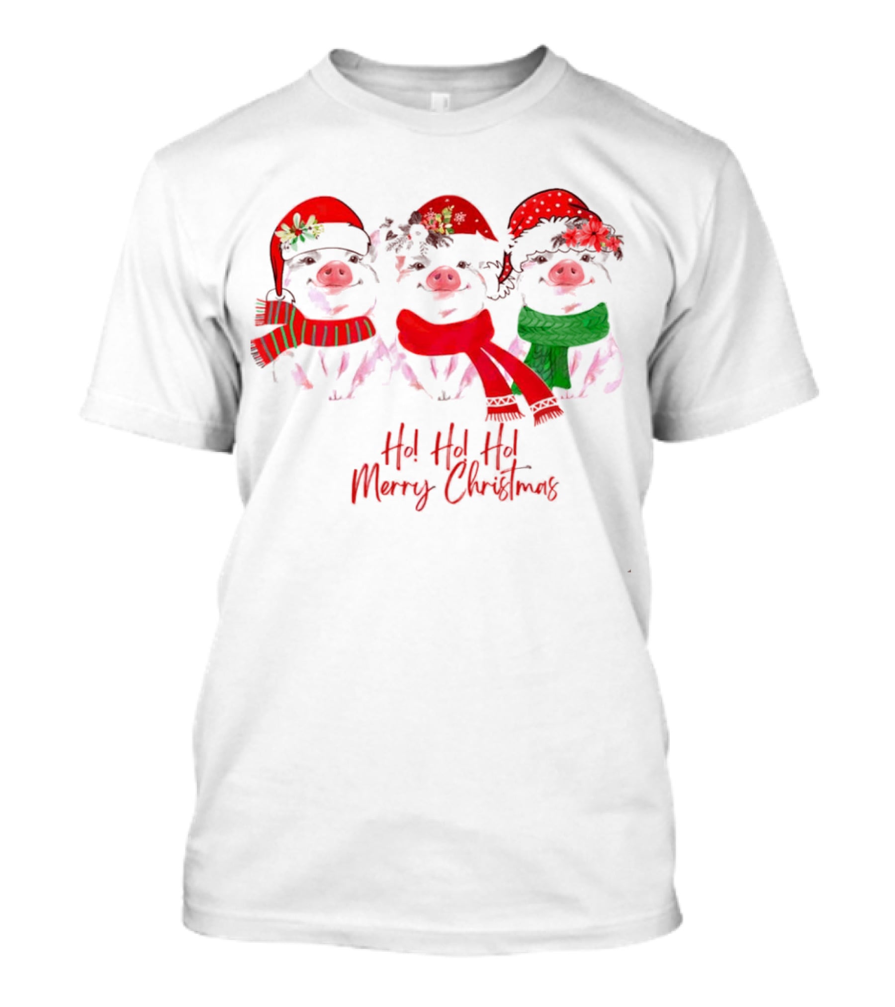 Ho Ho Ho Merry Christmas Pig Trio Santa Hat T-Shirt