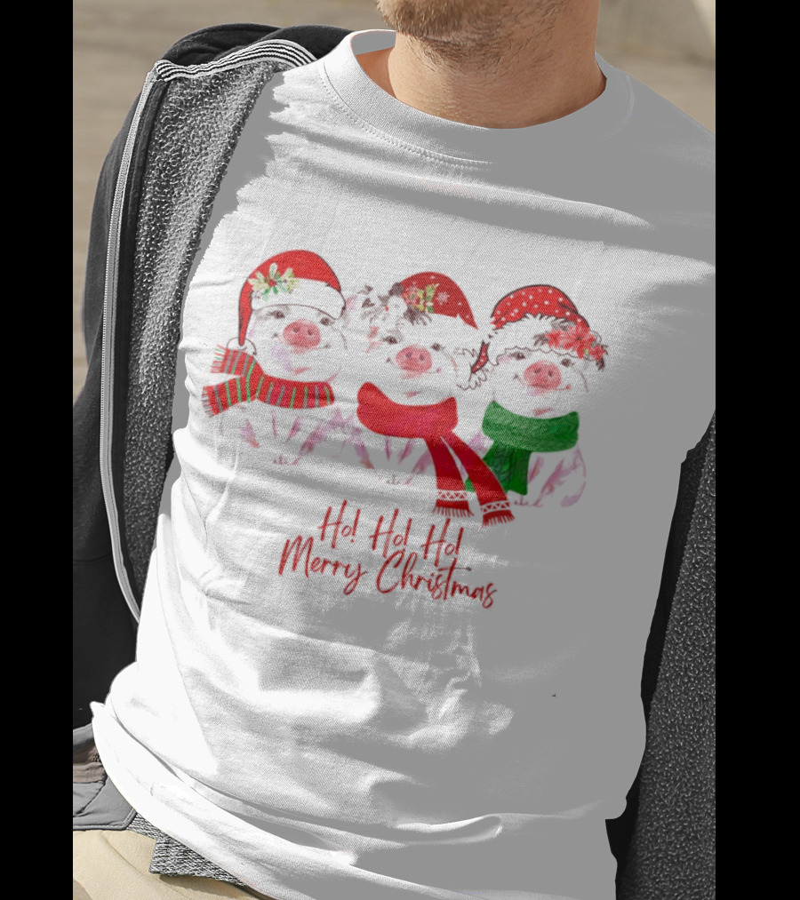 Ho Ho Ho Merry Christmas Pig Trio Santa Hat T-Shirt