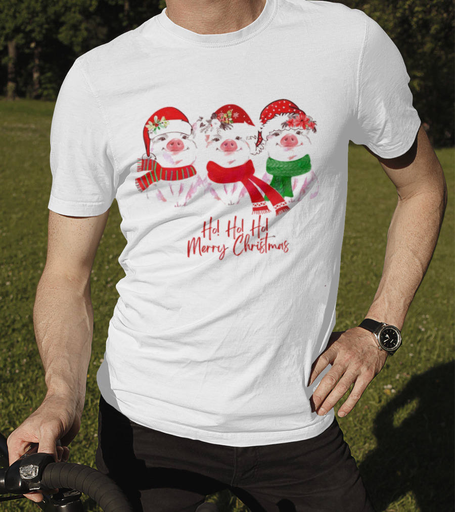 Ho Ho Ho Merry Christmas Pig Trio Santa Hat T-Shirt